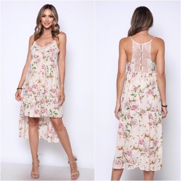 1 LEFT! Summer Lightweight Cream Floral High Low Breezy Lace Detail Summer Dress - Picture 1 of 4